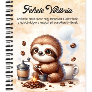 Személyre szabható - Kávés lajhár és frissen pörkölt kávé mintás A6-os füzet, Otthon & Életmód, Papír, írószer, Jegyzetfüzet & Napló, , MESKA