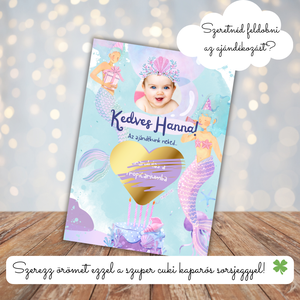 Kis hableányos kaparós kártya :) / Születésnap, névnap, gyereknap / Ajándékkísérő, ajándék átadás / Kaparós sorsjegy, Otthon & Életmód, Papír, írószer, Ajándékozás kellékei, Ajándék sorsjegy, Fotó, grafika, rajz, illusztráció, MESKA