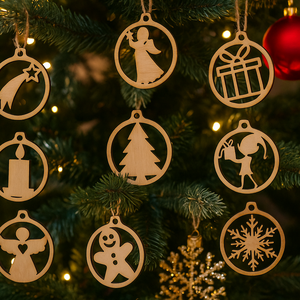 Fa Karácsonyfadísz Szett Díszdobozban (9 db)  Opcionális Gravírozással - karácsony - karácsonyi lakásdekoráció - karácsonyfadíszek - Meska.hu