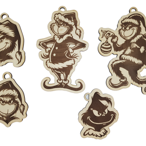 Grincs Karácsonyfadísz Szett (5 db)  Fa, Gravírozott Díszek - karácsony - karácsonyi lakásdekoráció - karácsonyfadíszek - Meska.hu