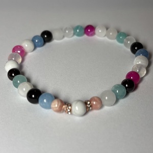 Theta Ásványkarkötő - megérzések - hegyikristály, amazonit, kék jáde, holdkő, apacsszem obszidián, gránát, pink achát, Ékszer, Karkötő, Ásványkarkötő, Gyöngyfűzés, gyöngyhímzés, Ékszerkészítés, MESKA