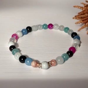 Theta Ásványkarkötő - megérzések - hegyikristály, amazonit, kék jáde, holdkő, apacsszem obszidián, gránát, pink achát, Ékszer, Karkötő, Ásványkarkötő, Gyöngyfűzés, gyöngyhímzés, Ékszerkészítés, MESKA