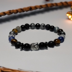 Theta ásványkarkötő - önbizalom - tigrisszem, ónix, hópehely obszidián, szodalit, hegyikristály, hematit - Meska.hu