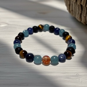 Theta ásványkarkötő - föld és ég - Szodalit, lávakő, tigrisszem, jáde akvamarin és sárkány achát - Meska.hu