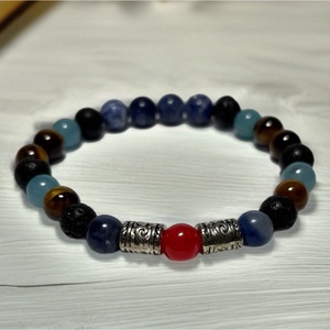 Theta ásványkarkötő - föld és ég - Szodalit, lávakő, tigrisszem, jáde akvamarin és sárkány achát - Meska.hu