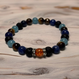 Theta ásványkarkötő - föld és ég - Szodalit, lávakő, tigrisszem, jáde akvamarin és sárkány achát - Meska.hu