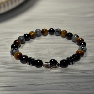 Theta ásványkarkötő - erő - Ónix, hópehely obszidián, tigrisszem, hematit és gránát - Meska.hu