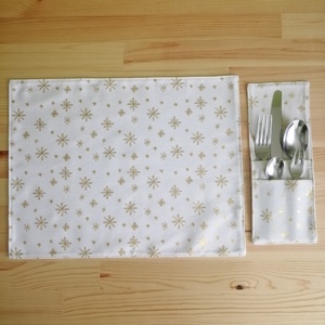 Kétszemélyes Arany ünnepi, vászon tányéralátét evőeszköztartóval, Otthon & Életmód, Konyhafelszerelés, tálalás, Tálalás, Tányér- és poháralátét, Varrás, MESKA