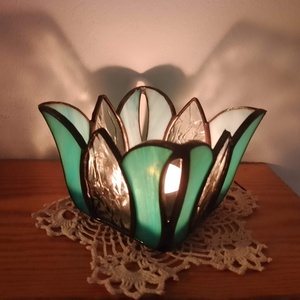 Türkiz Tulipán Tiffany Mécsestartó , Otthon & Életmód, Gyertya, illat, aroma, Mécses és mécsestartó, Üvegművészet, MESKA