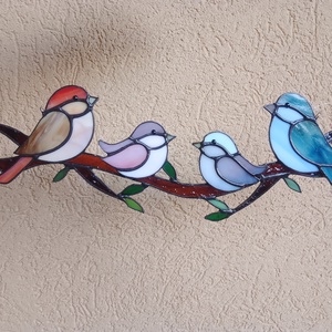 Családi idill-  madárkákkal, tiffany ablakdísz - Meska.hu