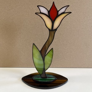 Valódi Tiffany-üveg 3D virág üvegtalpon - Narancs-sárga-zöld kézműves asztali dísz, elegáns lakásdekoráció - otthon & életmód - dekoráció - asztal és polc dekoráció - díszüveg - Meska.hu