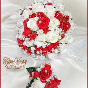 25 szálas fehér-piros rózsás örök-csokor + kitűzővel  - esküvő - menyasszonyi- és dobócsokor - Meska.hu