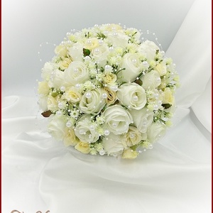 25 szálas fehér-ekrü rózsás örök-csokor + kitűzővel - esküvő - menyasszonyi- és dobócsokor - Meska.hu