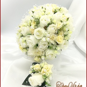25 szálas fehér-ekrü rózsás örök-csokor + kitűzővel - esküvő - menyasszonyi- és dobócsokor - Meska.hu