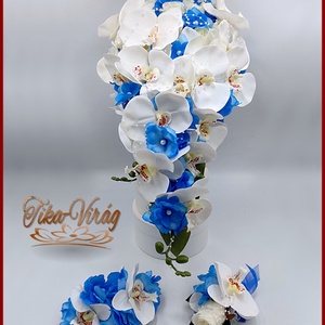 Fehér rózsás- Fehér orchideás király-kék hortenziával díszített örök-csepp csokor + kitűzővel + hajdísszel , Esküvő, Menyasszonyi- és dobócsokor, Virágkötés, MESKA