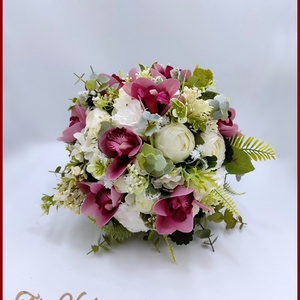 Vintage stílusú Mályva orchideás-fehér boglárkás, rózsás örök-csokor + kitűzővel, Esküvő, Menyasszonyi- és dobócsokor, Virágkötés, MESKA