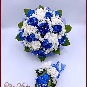 Király-kék 11 virágos örök-csokor + kitűzővel , Esküvő, Menyasszonyi- és dobócsokor, Virágkötés, MESKA