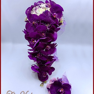 Lila orchideás-fehér rózsás örök-cseppcsokor + kitűzővel , Esküvő, Menyasszonyi- és dobócsokor, Virágkötés, Meska