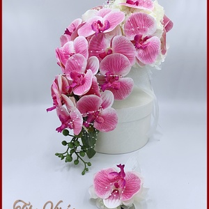 Pink orchideás- fehér rózsás örök-csepp-csokor+kitűzővel, Esküvő, Menyasszonyi- és dobócsokor, Virágkötés, MESKA
