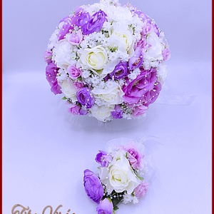 Lila-fehér örök-csokor + kitűzővel , Esküvő, Menyasszonyi- és dobócsokor, Virágkötés, MESKA