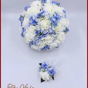 25 szálas fehér rózsa - kék rózsa díszítéssel örök-csokor+ kitűzővel, Esküvő, Menyasszonyi- és dobócsokor, Virágkötés, MESKA