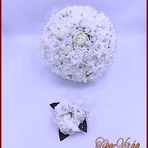 25 szálas fehér rózsás-ezüst díszítésű örök-csokor + kitűzővel, Esküvő, Menyasszonyi- és dobócsokor, Virágkötés, MESKA