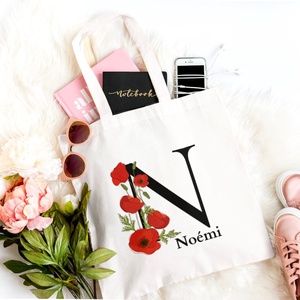 Névre szóló egyedi szatyor Pipacsvirág mintával és  névvel és monogrammal, Táska & Tok, Bevásárlás & Shopper táska, Shopper, textiltáska, szatyor, Mindenmás, MESKA