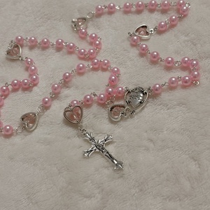 Kézműves rózsaszín rózsafüzér � Jézus Szíve éremmel - otthon & életmód - vallás - lánc & füzér - Meska.hu