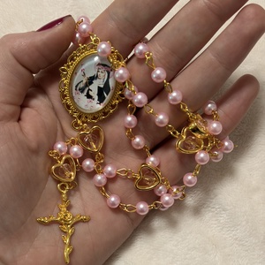 Szent Rita kézműves rózsafüzér, rózsaszín és arany színekkel   - otthon & életmód - vallás - lánc & füzér - Meska.hu