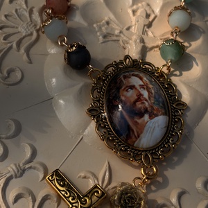 Jézust ábrázoló egytizedes olvasó amazonit ásványgyöngyökből, Otthon & Életmód, Vallás, Lánc & Füzér, , MESKA