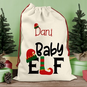 Karácsonyi elf feliratos ajándék zsák,  zsák, egyedi névreszóló mikulás zsák - Meska.hu