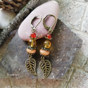 Ősz füli - narancssárga karneol, borostyán sárga citrin, narancs aventurin és bronz levél - Meska.hu