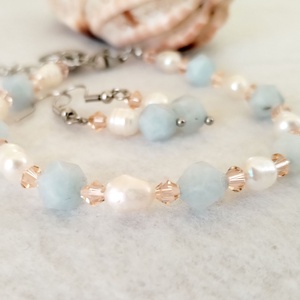 SALE!Nyári fuvallat ékszerszett-kék akvamarin, tenyésztett gyöngy és swarovski kristály ékszerszett acél kagyló charmmal - ékszer - ékszerszett - Meska.hu
