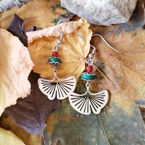 Ginkgo acél fülbevaló - narancssárga achát, zöld malachit, ginko levél - Meska.hu