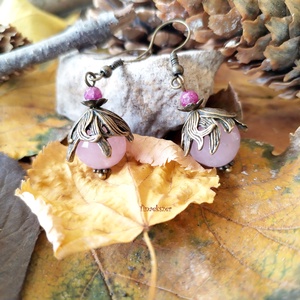 Rózsakvarc és rubin fülbevaló, Ékszer, Fülbevaló, Lógó fülbevaló, Ékszerkészítés, Gyöngyfűzés, gyöngyhímzés, MESKA