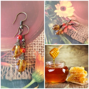 Méz csepp fülbevaló - narancssárga karneol és borostyán sárga üvegcsepp - Meska.hu