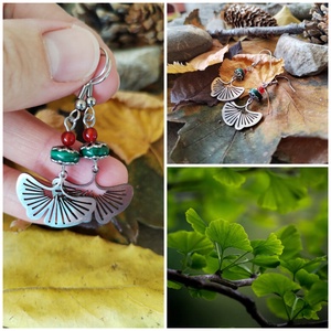 Ginkgo acél fülbevaló - narancssárga achát, zöld malachit, ginko levél - Meska.hu