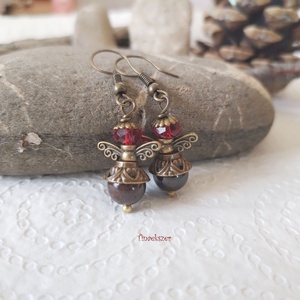 Angyal fülbevaló #2 - bordó gránát és üveggyöngy, Ékszer, Fülbevaló, Lógó fülbevaló, Ékszerkészítés, Gyöngyfűzés, gyöngyhímzés, MESKA