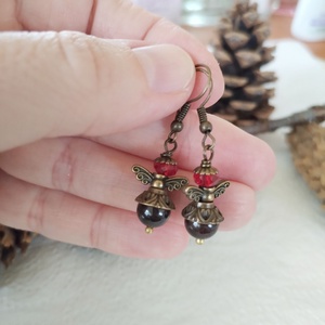 Angyal fülbevaló #2 - bordó gránát és üveggyöngy - ékszer - fülbevaló - lógó fülbevaló - Meska.hu