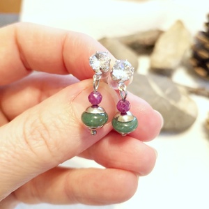 Rubin, aventurin és cirkónia acél fülbevaló  - ékszer - fülbevaló - lógó fülbevaló - Meska.hu