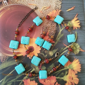 Türkinit és karneol ékszerszett - türkiz színű howlit, narancssárga karneol, borostyán sárga üveggyöngy - Meska.hu