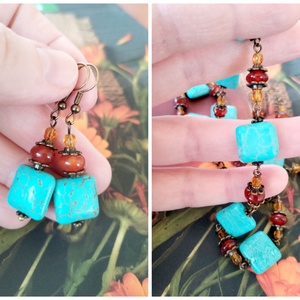 Türkinit és karneol ékszerszett - türkiz színű howlit, narancssárga karneol, borostyán sárga üveggyöngy - ékszer - ékszerszett - Meska.hu