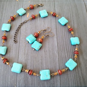 Türkinit és karneol ékszerszett - türkiz színű howlit, narancssárga karneol, borostyán sárga üveggyöngy - ékszer - ékszerszett - Meska.hu