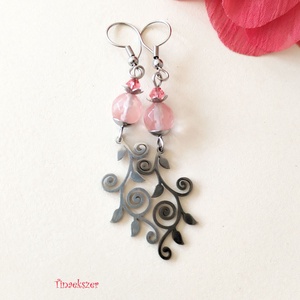 Acél indás cseresznyekvarc és swarovski kristály fülbevaló - rózsaszín, ezüst színű - Meska.hu