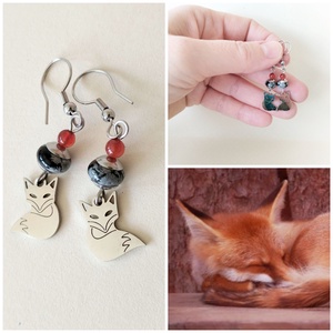 Acél róka fülbevaló - hópehely obszidián és narancssárga karneol achát - Meska.hu