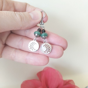 Acél páfrány fülbevaló - bordó gránát és zöld aventurin - Meska.hu