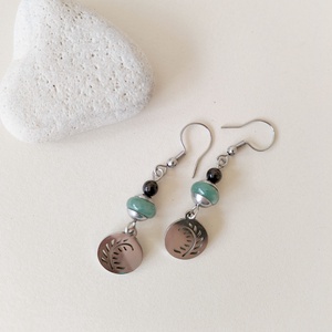 Acél páfrány fülbevaló - bordó gránát és zöld aventurin - ékszer - fülbevaló - lógó fülbevaló - Meska.hu