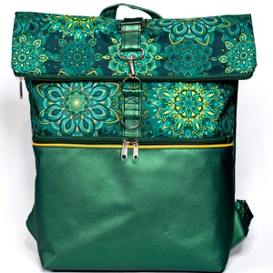 Zöld metálfényű, mandalás roll top hátizsák - táska & tok - hátizsák - roll top hátizsák - Meska.hu