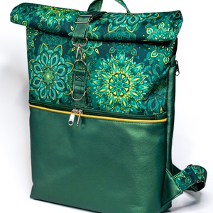 Zöld metálfényű, mandalás roll top hátizsák - táska & tok - hátizsák - roll top hátizsák - Meska.hu
