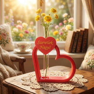 Szív alakú virágtartó üveg kémcsővel szeretlek nagyi felirattal nagyinak, de a felirat szabadon változtatható!, Otthon & Életmód, Dekoráció, Asztal és polc dekoráció, Asztaldísz, Mindenmás, MESKA